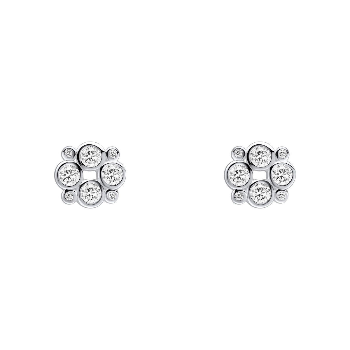 A pair of silver stud earrings featuring a cluster design with clear round-cut gemstones, set against a plain white background.