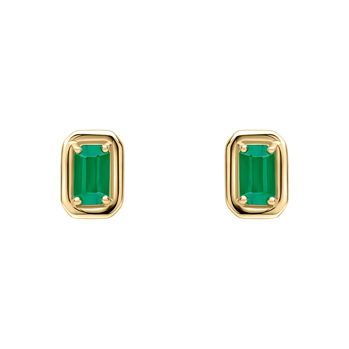 Gold earrings with green gemstones on a white background