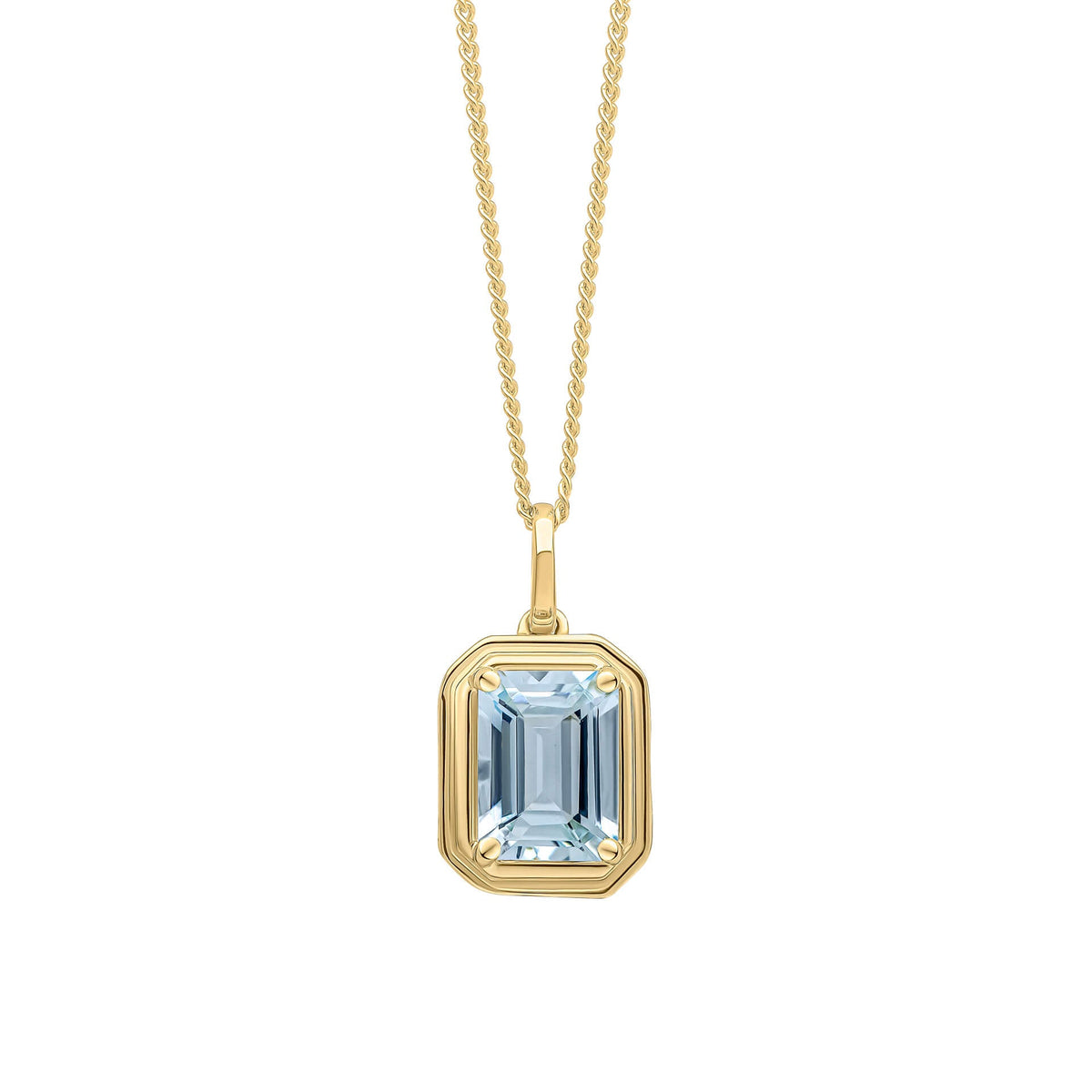 Gold necklace with a rectangular blue gemstone pendant on a white background