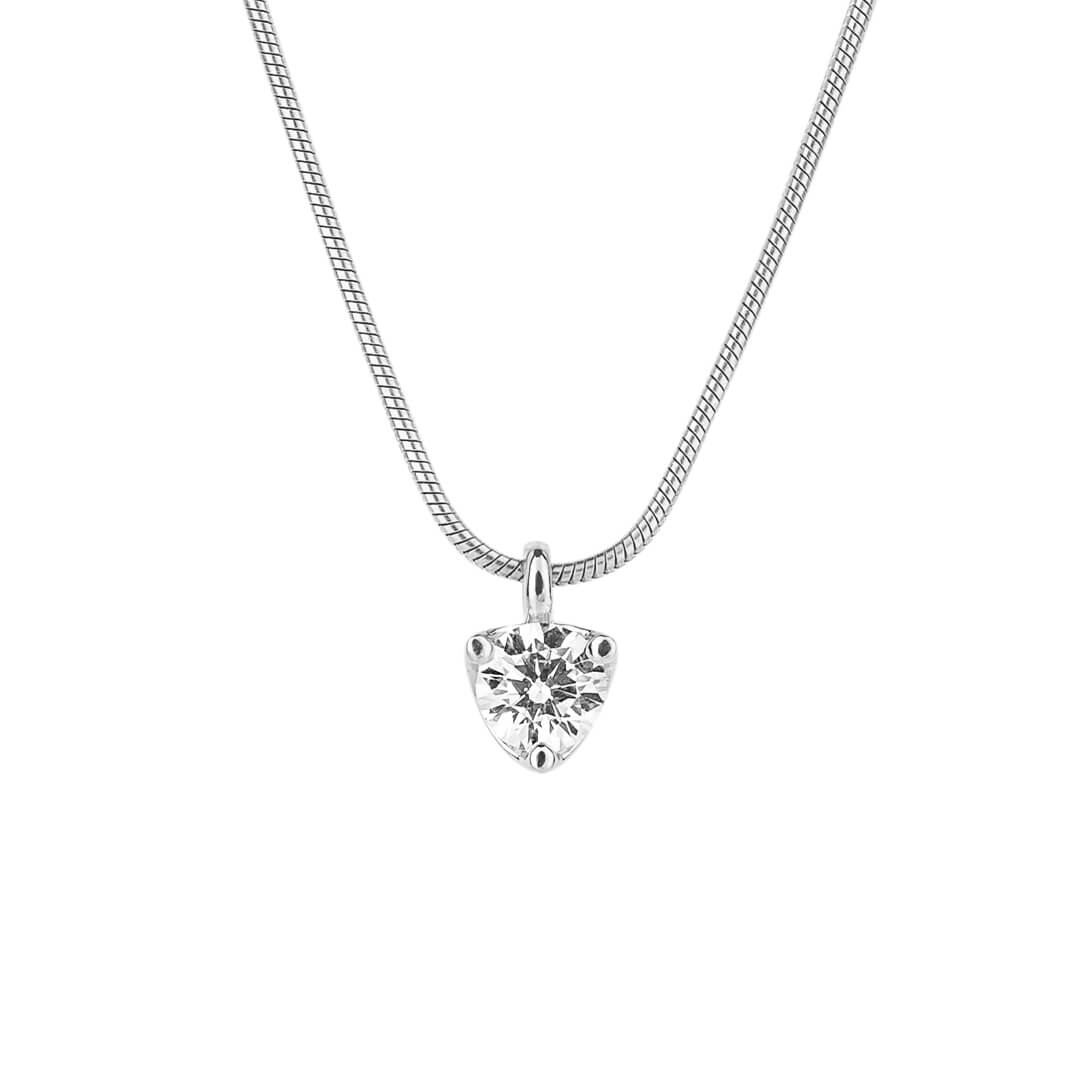 Heart-shaped diamond pendant on a chain against a white background