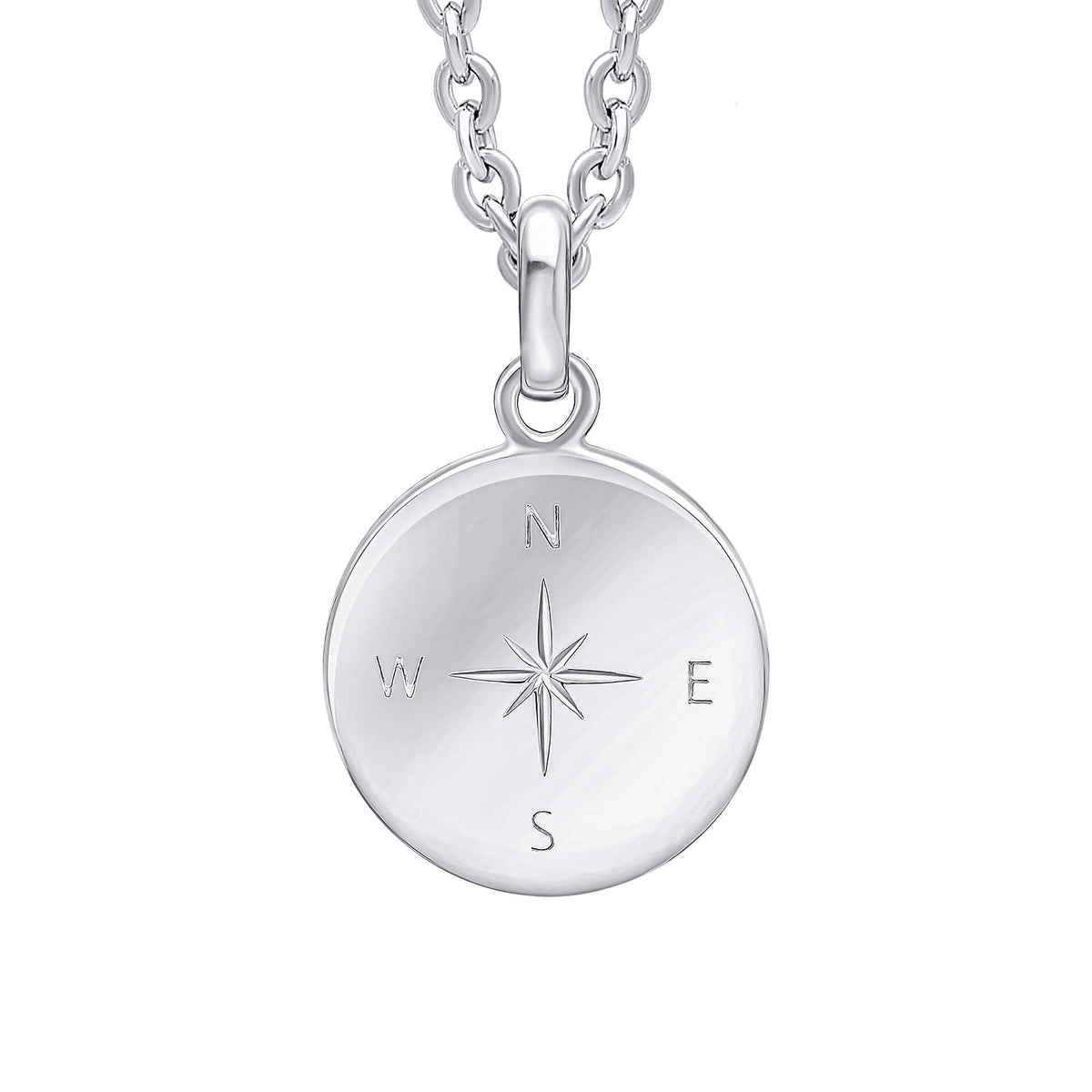 Silver necklace with a round pendant featuring a compass design on a white background