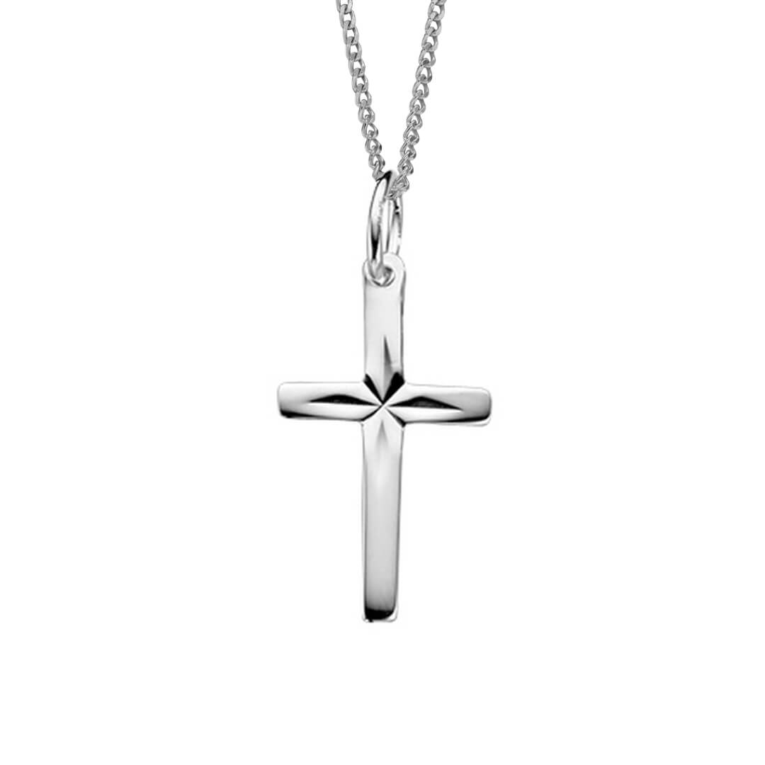 A polished silver cross pendant necklace on a delicate silver chain, shown against a plain white background.