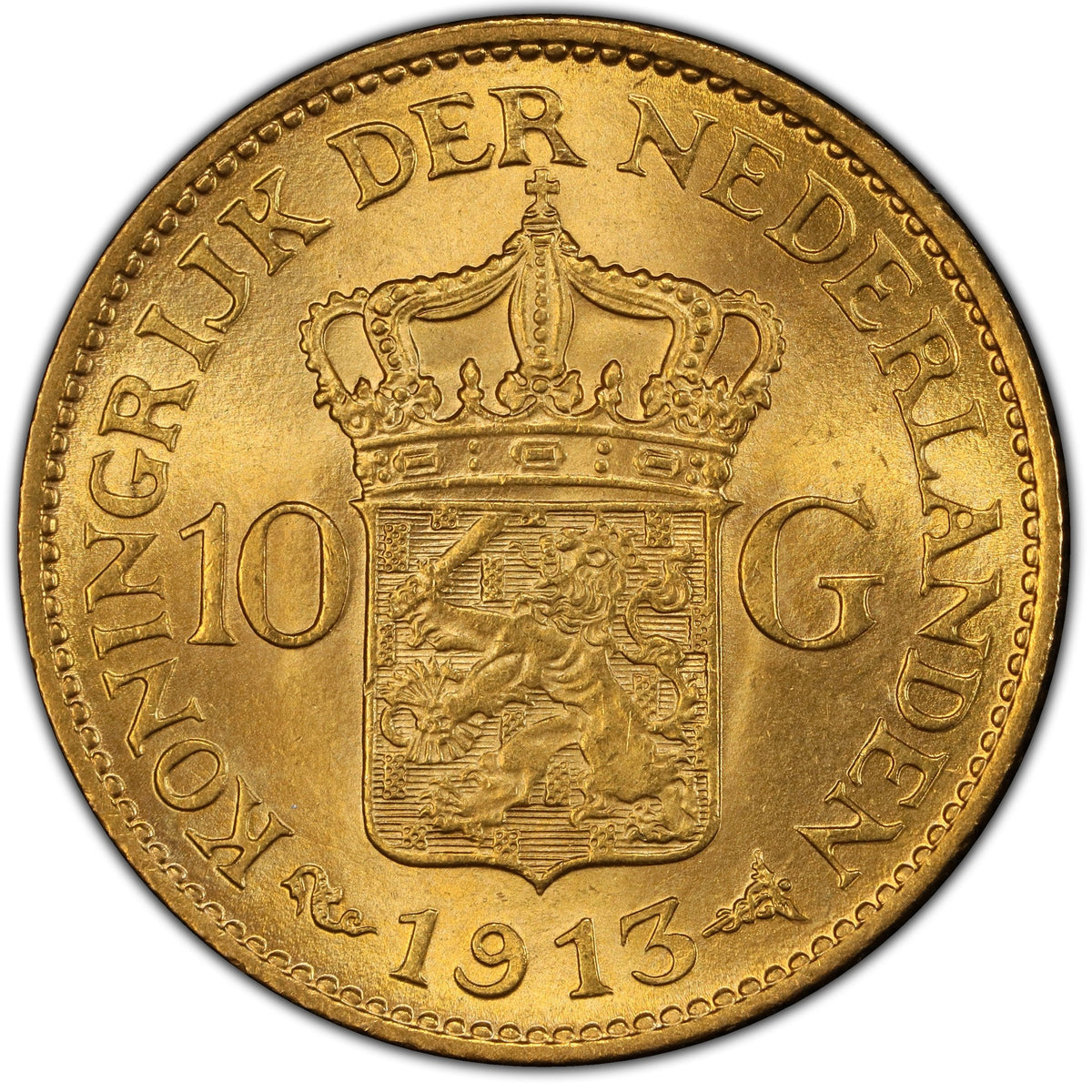 1913 Dutch 10 Guilders Wilhelmina MS65