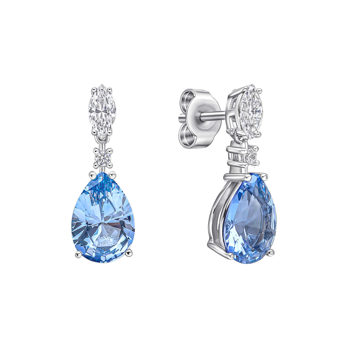 Pair of silver earrings with blue gemstones on a white background