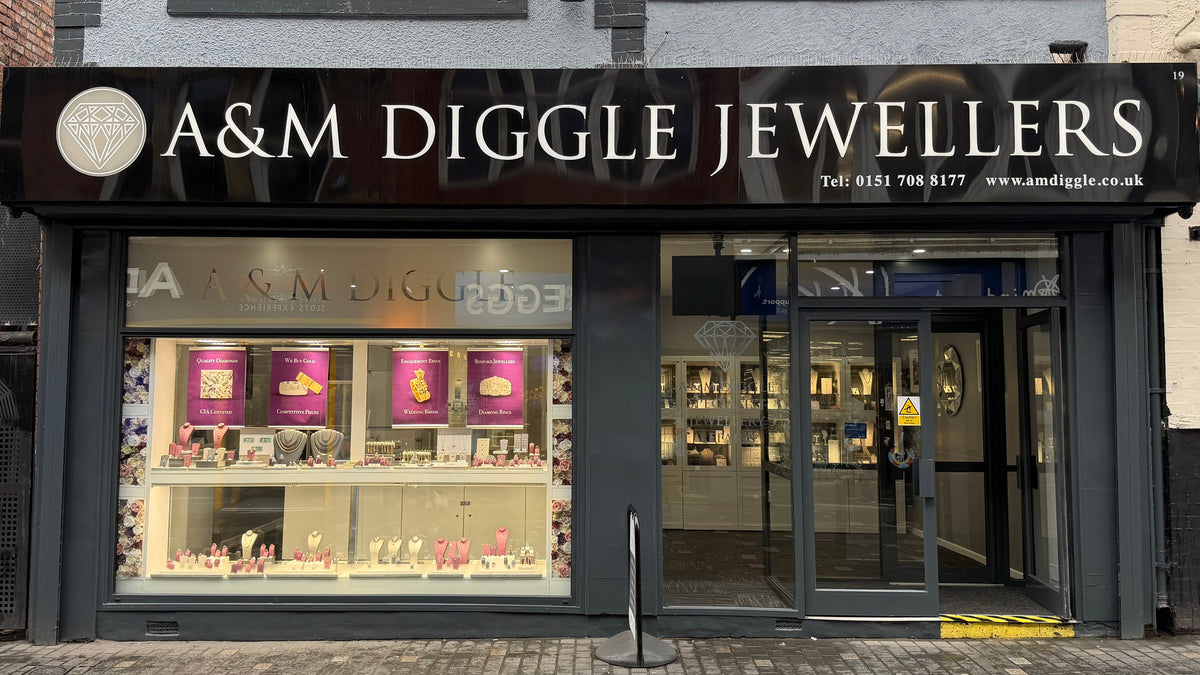 A&M Diggle Jewellers store front with jewelry display inside