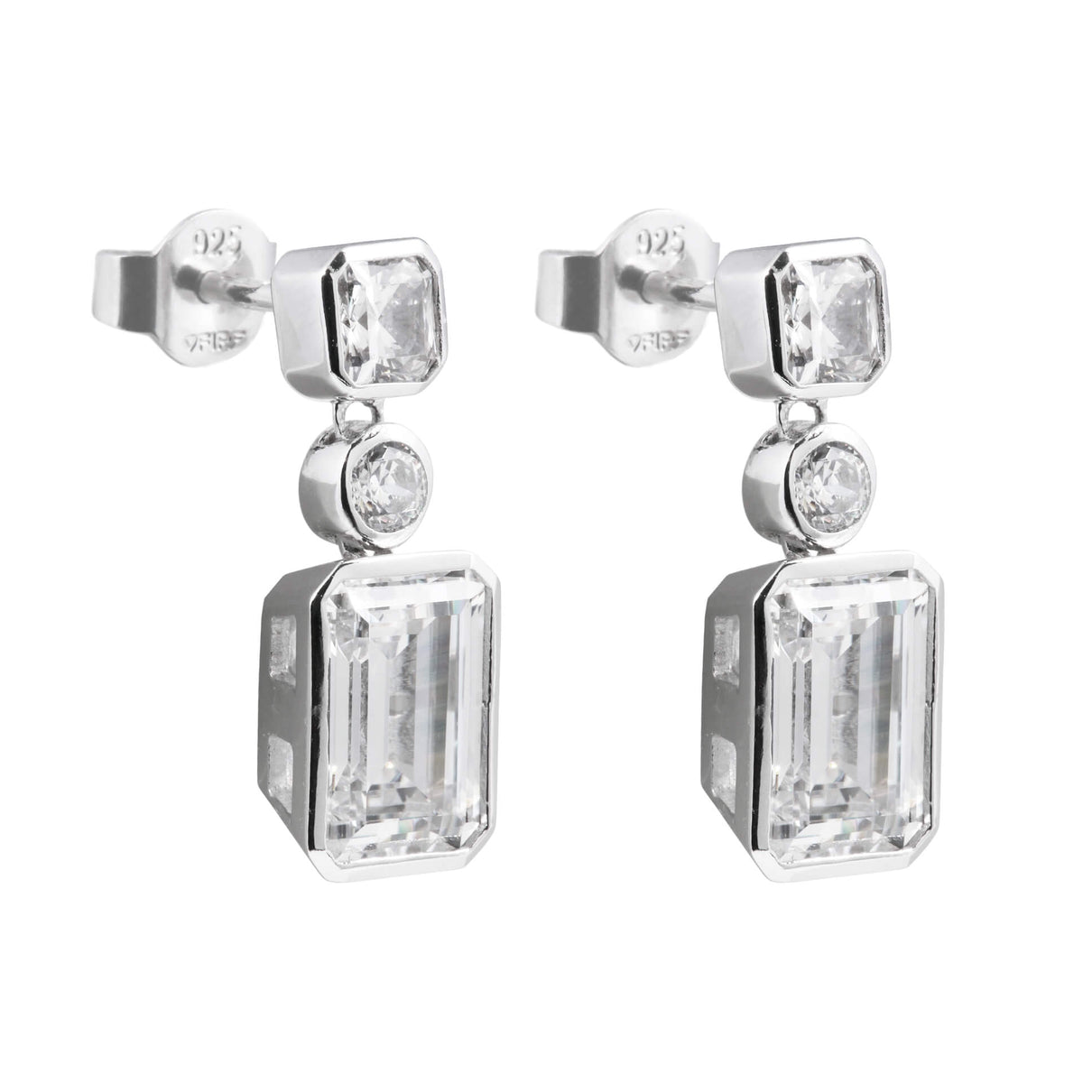 Pair of silver earrings with rectangular gemstones on a white background