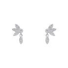Pair of silver earrings with leaf-like design on a white background