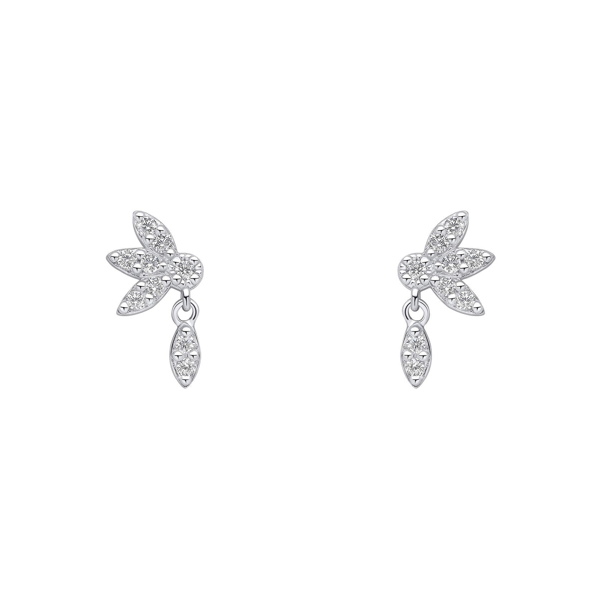 Pair of silver earrings with leaf-like design on a white background