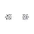 A pair of silver stud earrings featuring a cluster design with clear round-cut gemstones, set against a plain white background.