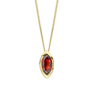 Gold necklace with a red gemstone pendant on a white background