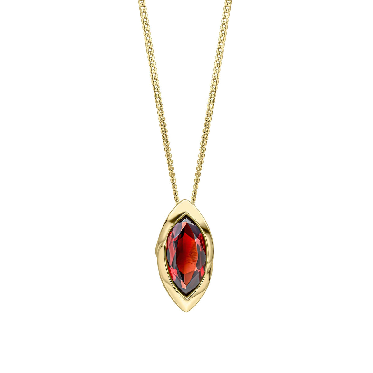Gold necklace with a red gemstone pendant on a white background