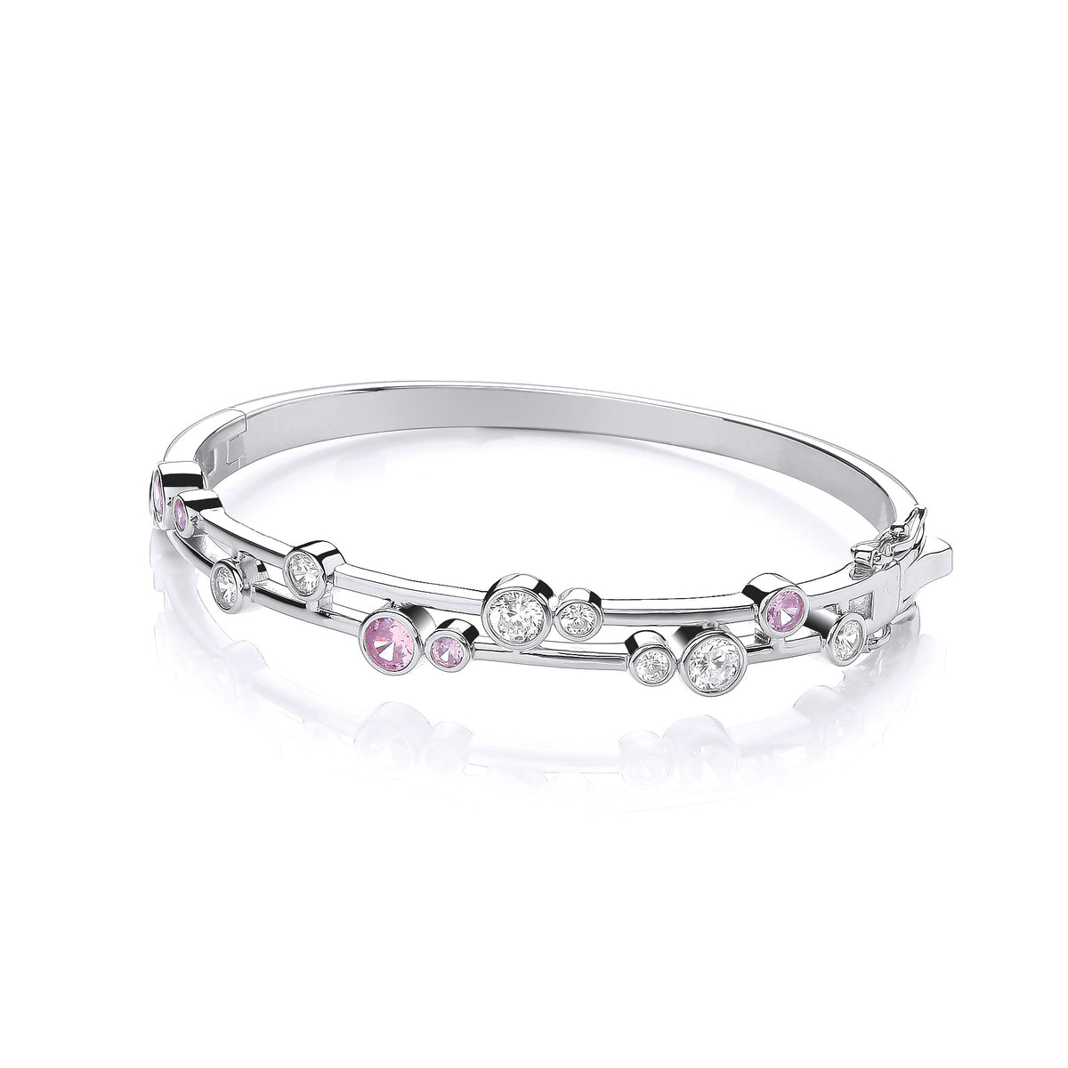 Silver bracelet with pink and clear gemstones on a white background