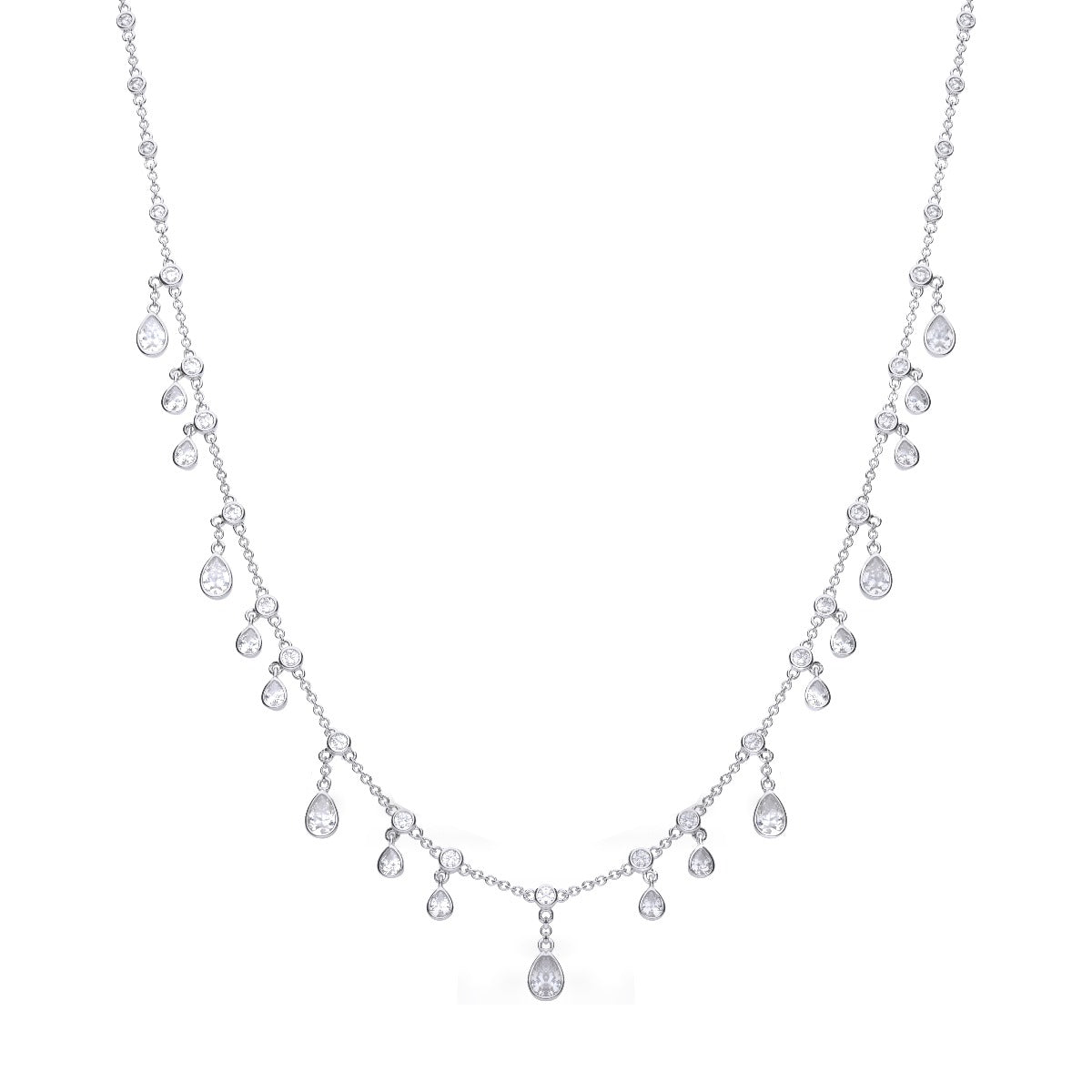 Silver necklace with teardrop-shaped crystals on a white background