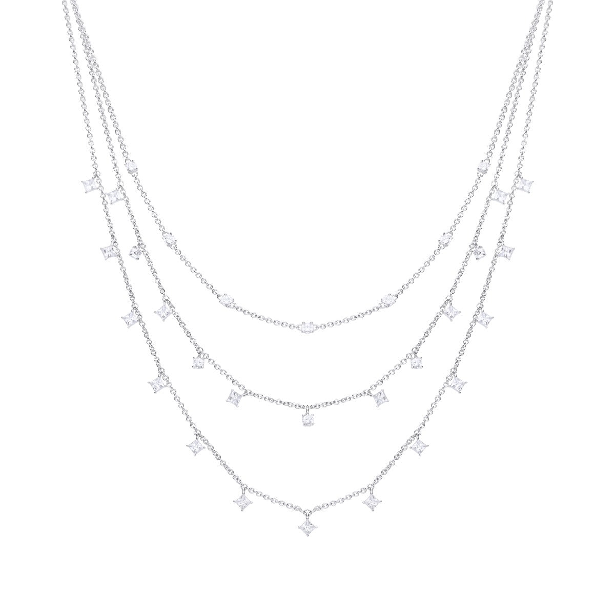 Layered silver necklace with star-shaped pendants on a white background