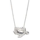 Silver turtle pendant on a chain against a white background