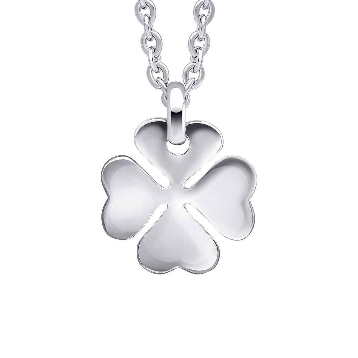 Silver four-leaf clover pendant on a white background