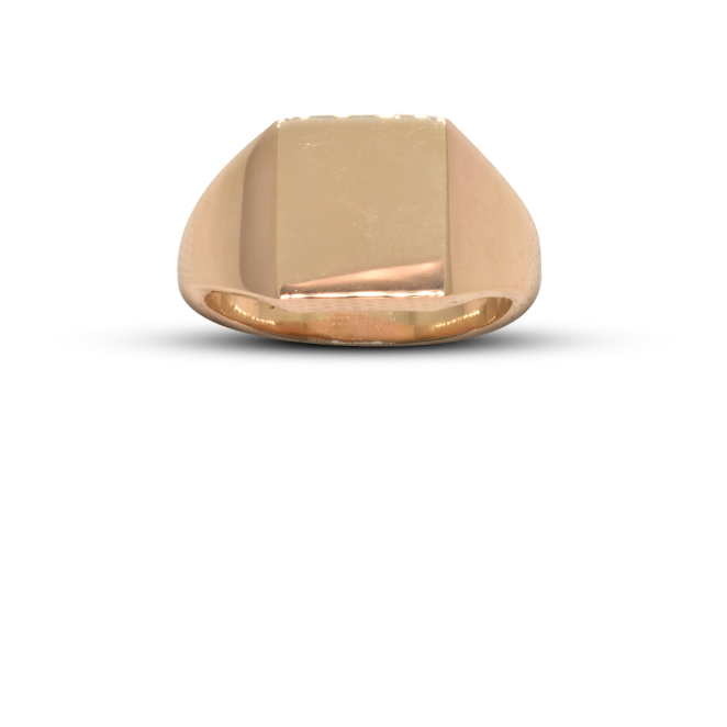 A yellow gold signet ring with a flat, engraved face, shown from the front on a clean white background.