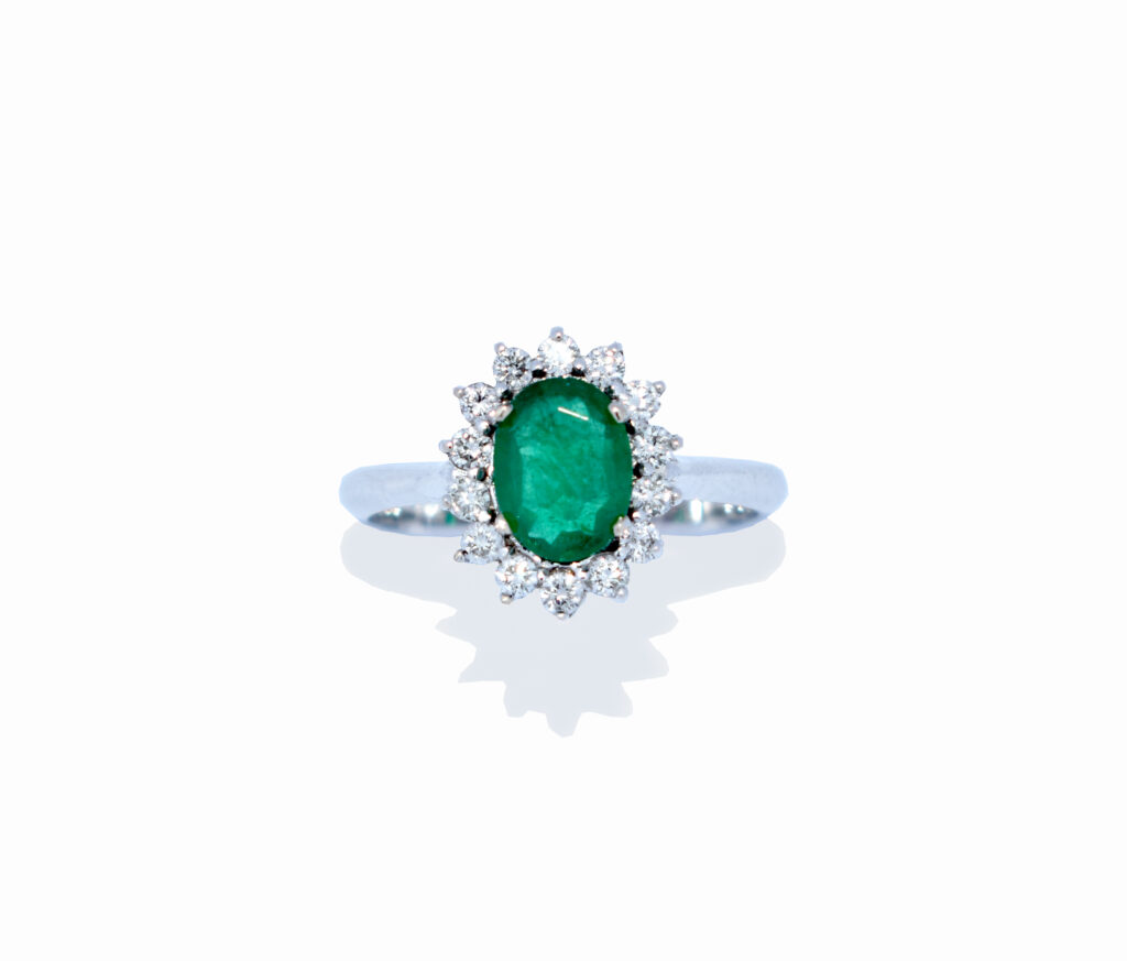 Emerald and Diamond Halo Cluster Ring - A&M Diggle